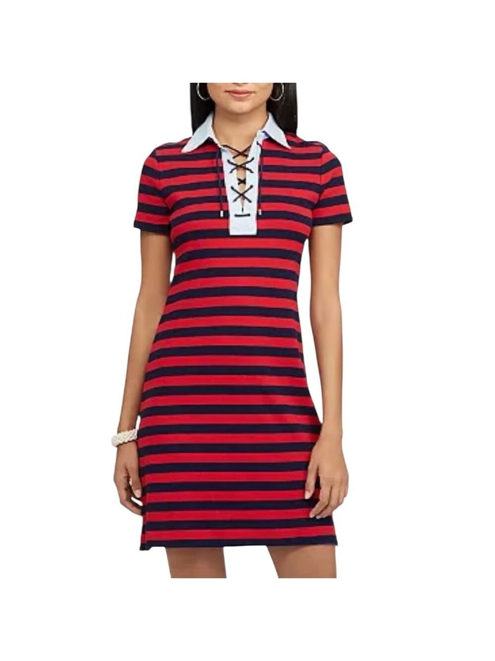 Chaps Red Black Striped Polo Dress Contrast Collar Large Preppy Casual Stretch